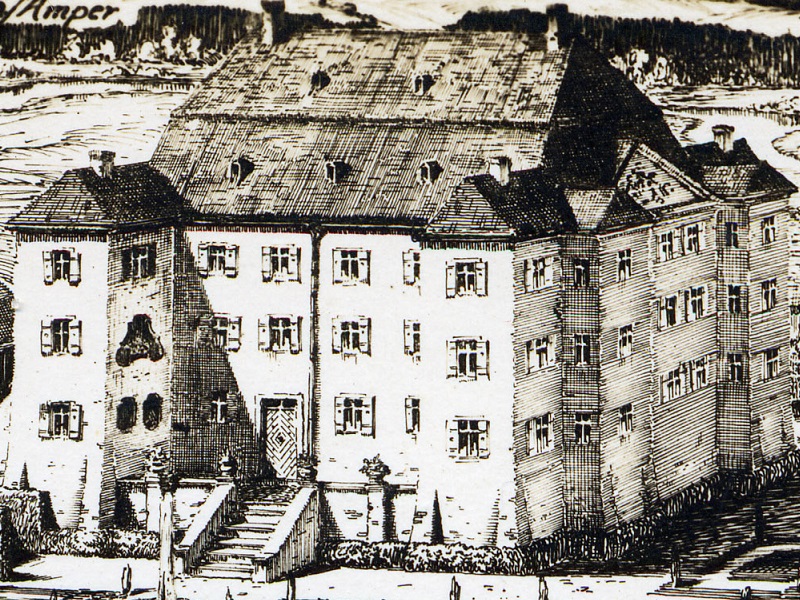 Stich des Schlosses um 1920, es zeigt den Zustand um 1800